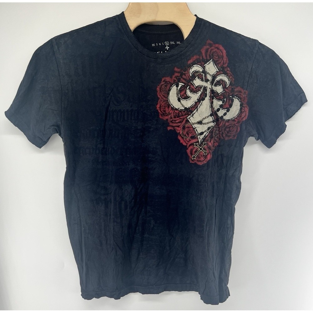 Vtg Y2K Affliction T Shirt Mens XL Applique Double Sided AOP Faded All Over